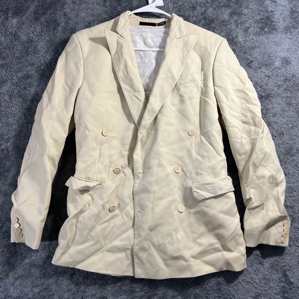 BLK DNM Mens Wool Blend Double Breasted Blazer Cream Beige Peak Lapel Size 46